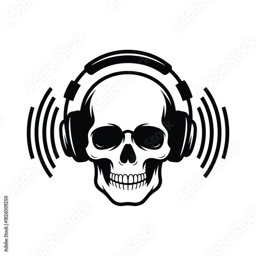 Skull wearing headphones with audio waves, music listener symbol