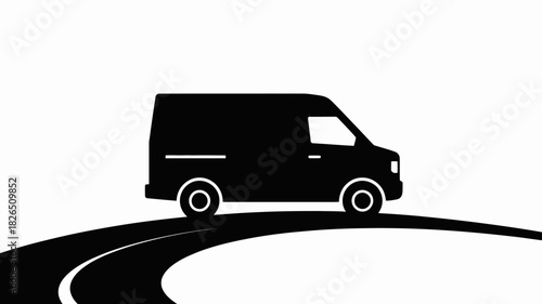 Delivery van driving on a curving road silhouette, transportation and logistics vector