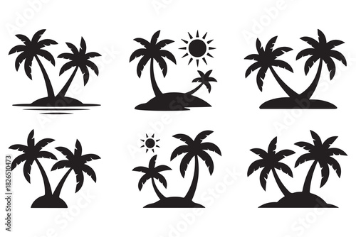 Tropical island palm tree silhouette icon on white background
