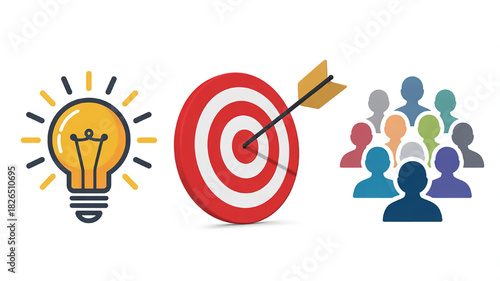 Lightbulb target with arrow and group of people icons flat vector illustration for business strategy and teamwork concept isolated on white background