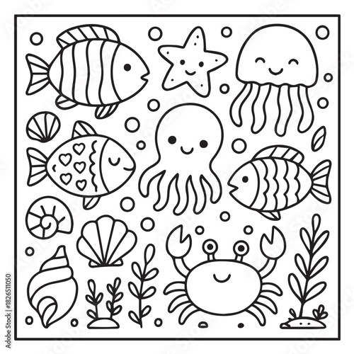 Cute Ocean Animals Coloring Page. A square black and white underwater scene with fish, octopus, jellyfish, crab, starfish, shells and sea plants in a kawaii style.