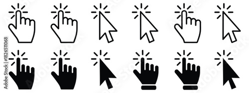 Click cursor, computer mouse click pointer, hand pointer icon, clicking finger, pixel cursor symbol, and interface navigation vector illustration, suitable for app UI website