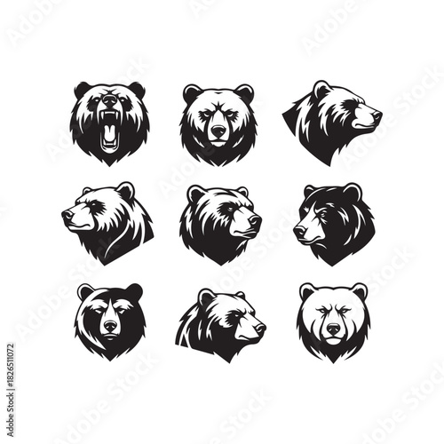 Snarling Bear Head Vector Mascot Set