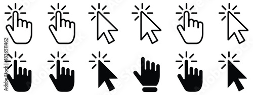 Click cursor, computer mouse click pointer, hand pointer icon, clicking finger, pixel cursor symbol, and interface navigation vector illustration, suitable for app UI website
