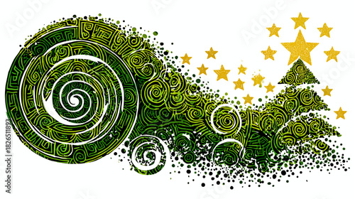 Abstract Christmas tree illustration with golden stars and intricate green swirling patterns, festive holiday graphic design