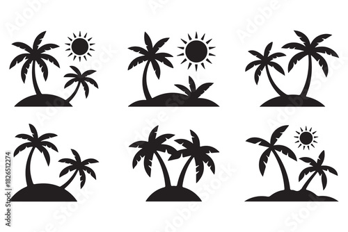 Tropical island palm tree silhouette icon on white background
