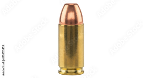 Isolated 45 caliber auto cartridge ammo with copper jacket, a single object on bright surface