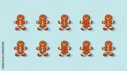 Cute gingerbread men cookies with festive icing decorations, a sweet holiday dessert illustration on a light blue background.