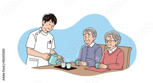 Kind male caregiver or nurse in a uniform attentively pours hot tea for a seated elderly couple in a comfortable and caring environment.