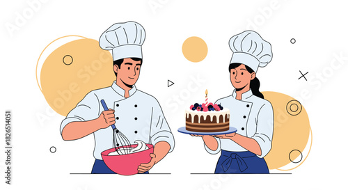 Male and female pastry chefs work as a team, with the man whisking cream while the woman presents a beautifully decorated birthday cake.