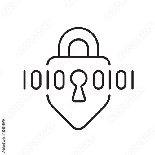 A vector icon representing data protection with a digital lock and binary code, created in line style with editable stroke