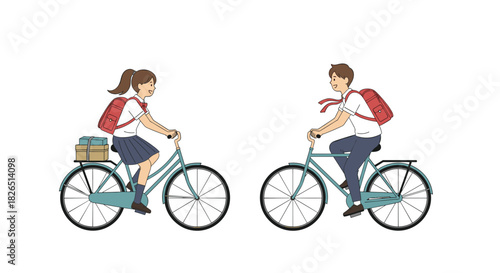 Charming illustration of a Japanese junior high school boy and girl in their school uniforms, riding bicycles with their school backpacks on.
