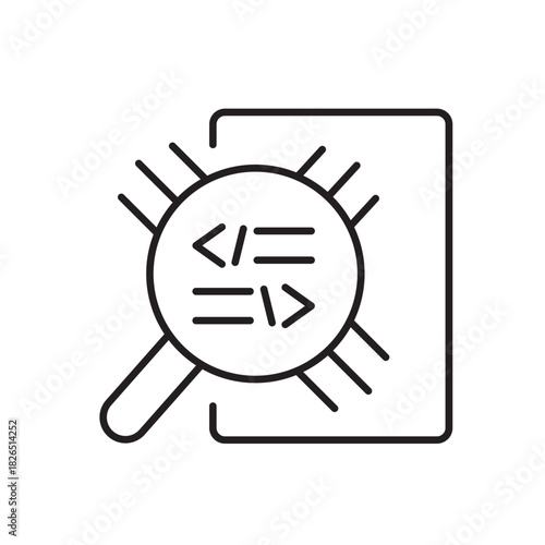 A vector icon representing algorithm auditing through code inspection, created in line style with editable stroke