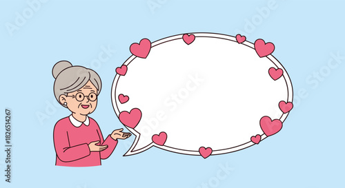 Kind elderly woman with glasses smiles and gestures towards a large, empty speech bubble framed with pink hearts, perfect for your message.
