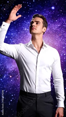 A man in a white shirt and dark pants gestures toward a starry background