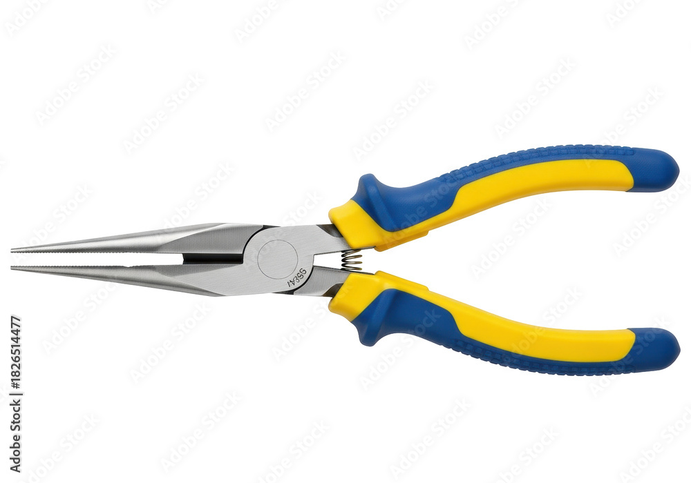 Fototapeta premium Isolated needle-nose pliers with yellow-blue handles for cutting wires or electronics repair
