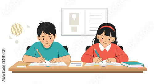 Illustration of a young boy and girl sitting at a desk together, diligently studying and writing in their notebooks in a classroom.