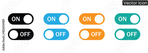 Sleek on/off toggle buttons in multiple colors provide a modern UI element for app or web design. Clear visual cues for activation and deactivation are included.
