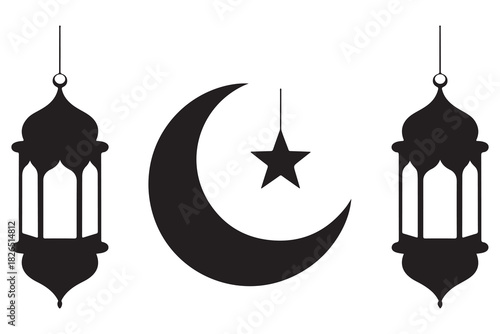 Islamic lantern and crescent moon with star silhouette icon on white background
