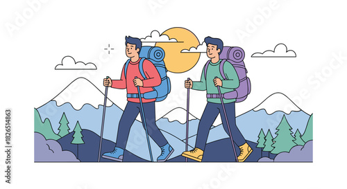 Two male friends with large backpacks and trekking poles happily hike together through a scenic mountain landscape with a bright sun and clouds.