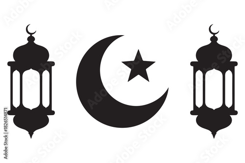 Islamic lantern and crescent moon with star silhouette icon on white background
