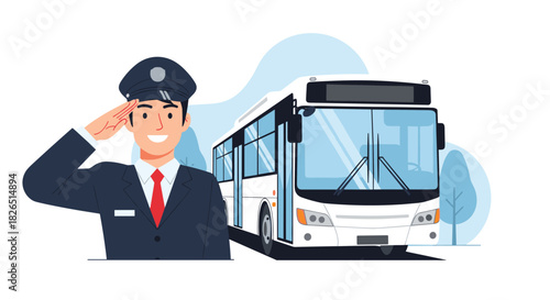 Friendly and smiling male bus driver in a professional uniform gives a crisp salute with a modern public transport bus in the background.