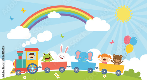 Colorful cartoon of happy children and cute animals riding a toy train under a vibrant rainbow and a smiling sun in a cheerful landscape.