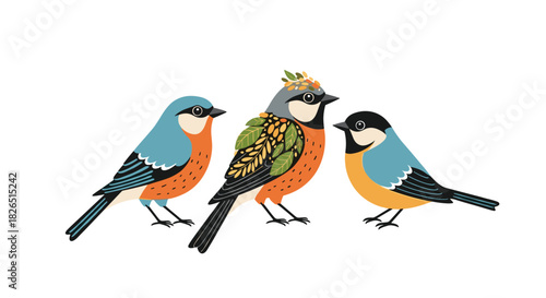 Beautiful illustration of three stylized birds with colorful plumage, with the center bird featuring ornate decorative wings, isolated on a white background.