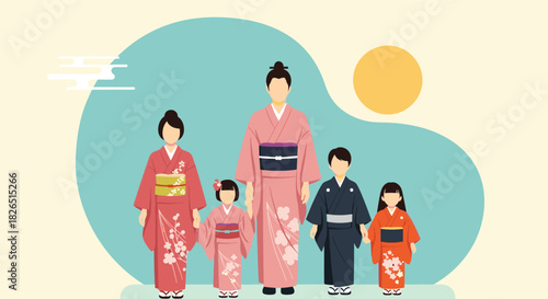 Lovely illustration of a traditional Japanese family of five, with parents and three children all dressed in beautiful and elegant kimono attire.