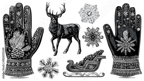 Vintage Christmas Winter Collection: Ornate Mittens, Elegant Deer, Sleigh, and Delicate Snowflakes Engraving Style Illustrations