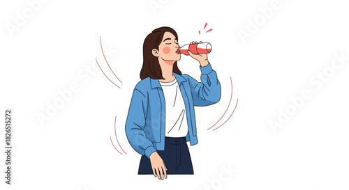 Young woman with her eyes closed in satisfaction drinks a refreshing pink beverage from a clear glass bottle against a simple white background.