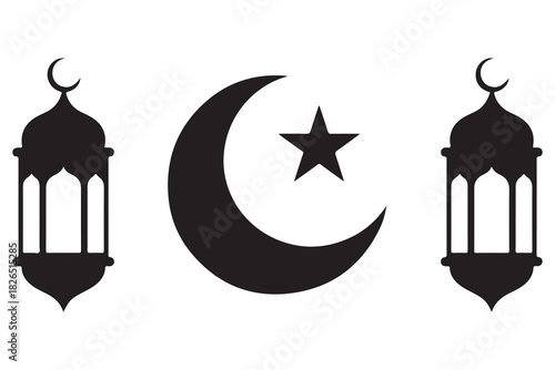 Islamic lantern and crescent moon with star silhouette icon on white background
