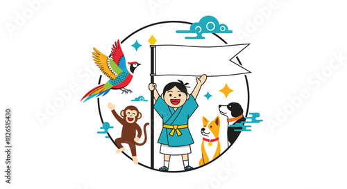 Circular emblem design featuring Japanese folklore hero Momotaro, the Peach Boy, cheerfully holding a blank flag with his animal companions.