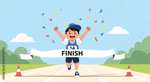 Happy young boy joyfully raises his arms in victory as he runs through the finish line of a race, with colorful confetti falling around him.