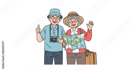 Happy elderly couple enjoys their vacation together, the man holding a camera and giving a thumbs up while the woman waves and holds a map.