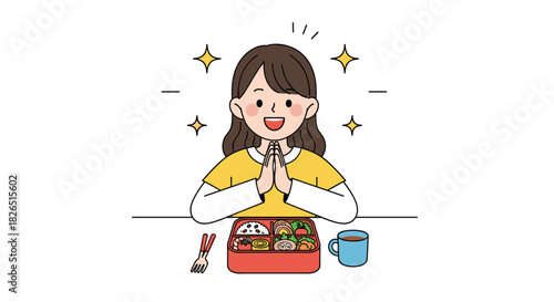 Smiling young woman puts her hands together in the 'itadakimasu' gesture of gratitude before eating a delicious bento box lunch.