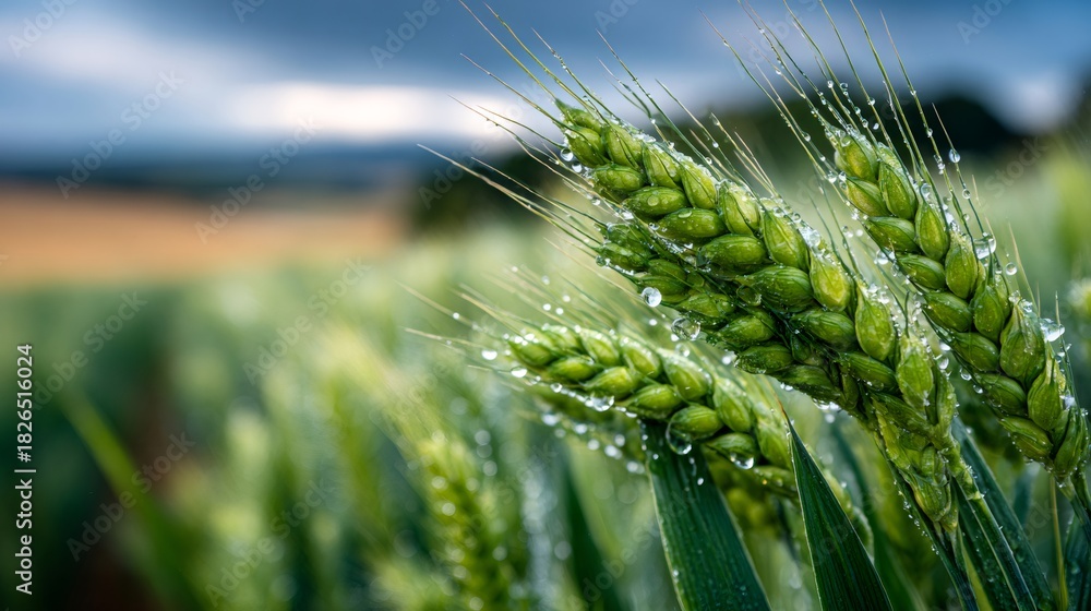Naklejka premium Wheatfield with green wheat spikes after rain