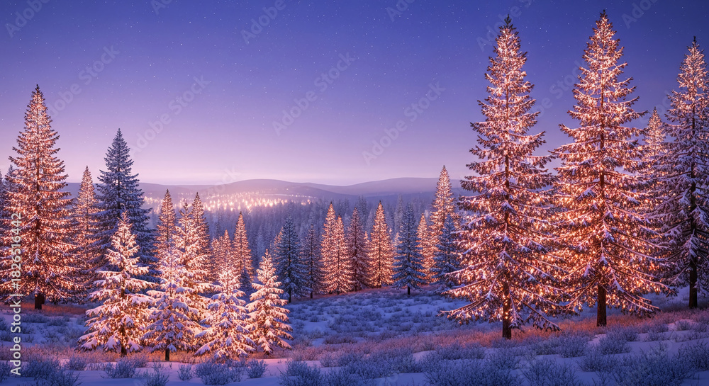 Fototapeta premium Snow-covered spruce tree under a starry, violet night sky, representing winter landscape, holiday season, quiet nature, perfect for festive, serene concepts