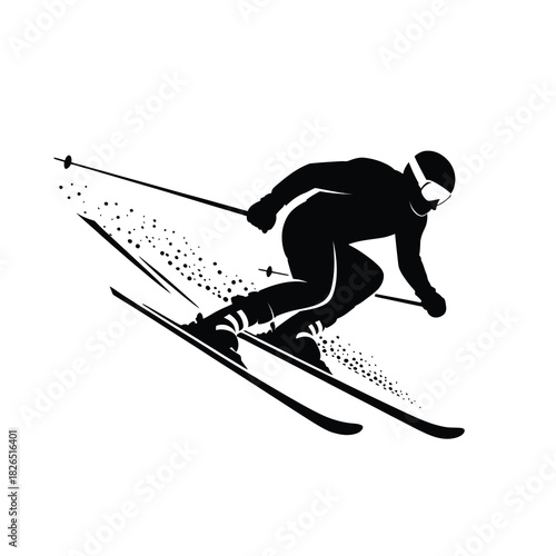 Dynamic skier silhouette, active winter sport recreation motion