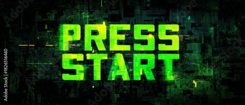 Press Start message with digital glitch effects and green pixel background