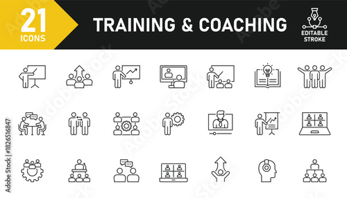 Training and Coaching line icon set. Set of 21 outline icons related to training, coaching, mentoring, education, seminar, meeting, course, meeting and others. Editable stroke. Vector illustration.