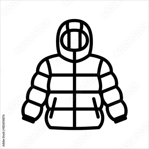 Black and white line art icon of a warm hooded puffer jacket for winter clothing, isolated on