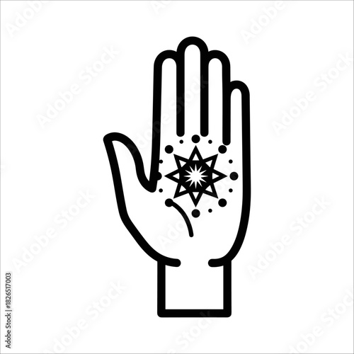 Outline illustration of a hand with a mystical star and dot pattern in the palm, isolated on