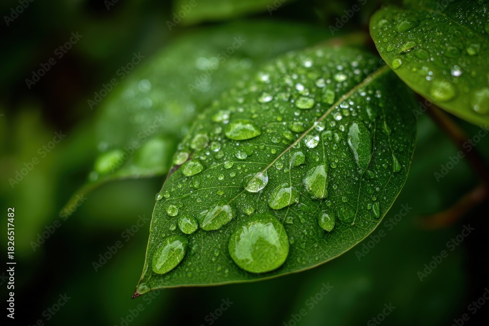 Fototapeta premium Macro photography of fresh morning dew drops on a green leaf. Natural texture background.