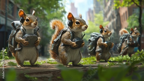 Urban squirrel brigade: Rodents explore city streets with backpacks and headsets