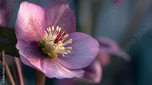 A close up of a hellebore flower with pink petals and yellow stamens in soft focus against a dark background