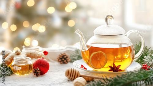 Christmas-inspired tea display with aromatic ginger tea and honey in a glass teapot on a decorated table