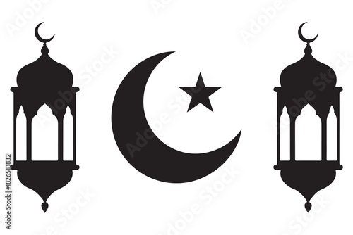 Islamic lantern and crescent moon with star silhouette icon on white background
