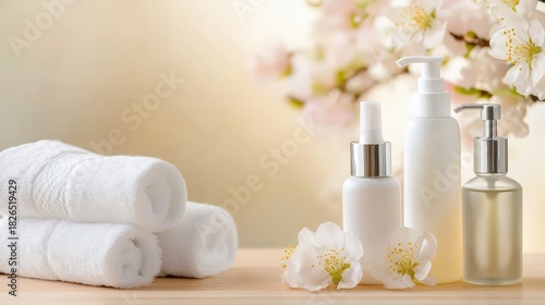 Elegant beauty bottles arranged with plush towel on wooden surface for a warm and inviting spa feel