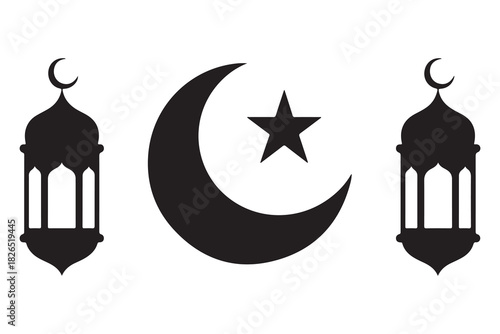 Islamic lantern and crescent moon with star silhouette icon on white background
